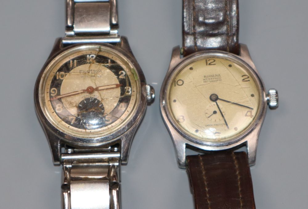 A gentlemans 1950s? steel Dixton manual wind wrist watch and a Rodana manual wind wrist watch.